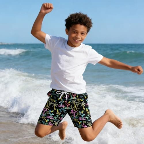 Cozople Boys Neon Swim Trunk Boxer Brief Quick Dry Swimsuit Commpression Coconut Tree Flamingo Swimming Short Anti Chafe UPF Black Bathing Suit Hawaiian Stretchy Swimwear Size 10-12 - Thumbnail 3