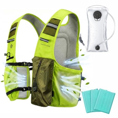 SAVIOR COOL Cooling Hydration Vest with 2L BPA-Free Water Bladder, Running Vest with 3 Removable Cooling Packs, Lightweight Outdoor Hydration Pack for Hot Weather, Hiking, Cycling, Training (Green)