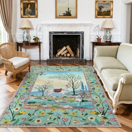 LIVEBOX Green Rug for Living Room Washable, 5x7 Horse Forest Floral Area Rug for Bedroom, Soft Non-Slip Woodland Rugs for Dining Room Playroom Nursery Home Decor (Green,5x7) - Image 1