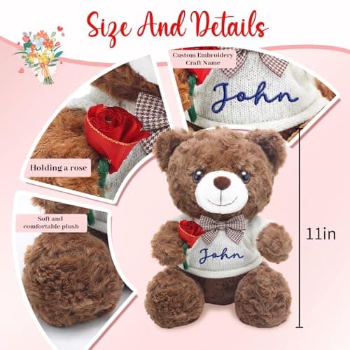 OELTTG 12in Customized Teddy Bear Gift with Rose - Easter Basket Stuffers, Personalized Plush Bear with Embroidered Name, 3 Colors & 9 Outfits | Perfect Easter Birthday Gift for Kids - Thumbnail 4