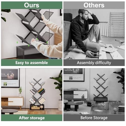 Gintan 9-Tier Space Saving Book Shelf with Storage,Bedroom Shelves Folding Bookshelves,No Installation Required Shelf Tree Metal Bookshelf for Living Room,Study,Home Office,Bed Room (Black) - Thumbnail 5