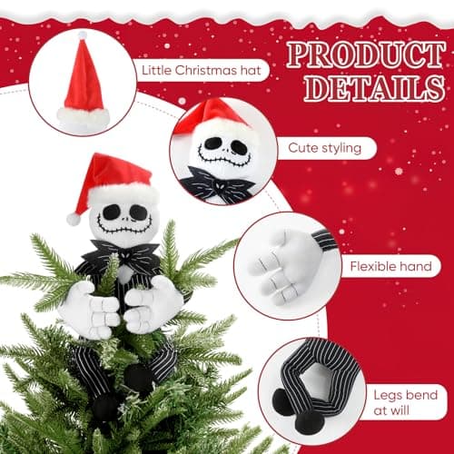 Tree Topper Decorations for Halloween and Christmas, Cute Plush Jack Huggers with Santa Hat, Poseable Handmade Tree Topper Party Decor - Thumbnail 6