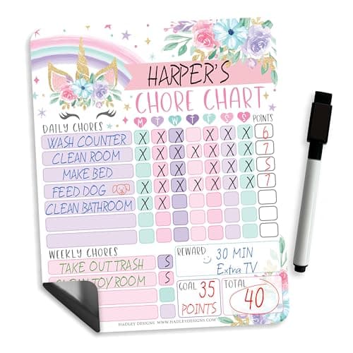 Hadley Designs Magnetic Chore Chart for Kids – Reward Chart for Kids, Dry Erase Responsibility Board for Children at Home, Fridge Behavior Tracker for Daily & Weekly Tasks, Unicorn Toddler Chore Board