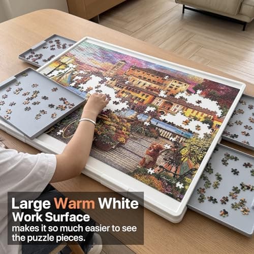 WELGEE 1500 Pieces 2-in-1 Tilting & Rotating Puzzle Board with Drawers and Cover, 35"x27" Portable Spinning Plastic Jigsaw Puzzle Table for Adults, Upgraded Lazy Susan - Thumbnail 5