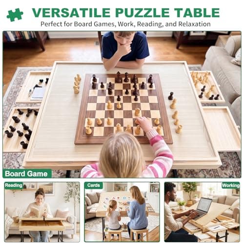 QDKGH Wooden Puzzle Table with Drawers, 1500 Piece Puzzles for Adults & Puzzle Enthusiasts with Adjustable Height & Tilt, Felt Surface, Metal Stand with Lockable Wheels, Puzzle Storage Box and Cover - Thumbnail 6