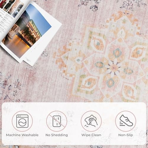 Auemtyn 5x7 Washable Area Rug for Living Room, Pink Rug with Non Slip Backing, Low Pile Carpet for Bedroom, Dinning Room (Multi Pink, 5'x7') - Thumbnail 5