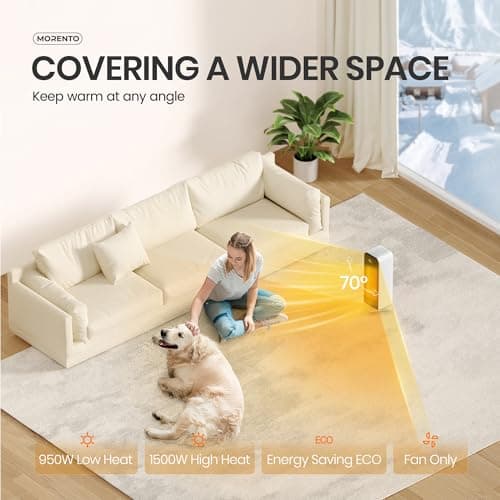 MORENTO Space Heaters for Indoor Use, Portable Electric Heater with Thermostat, Smart and Voice Control, 1500W PTC Ceramic Safety, 36dB Quiet Smart Heaters for Office Bedroom Home White 1Pack - Thumbnail 2