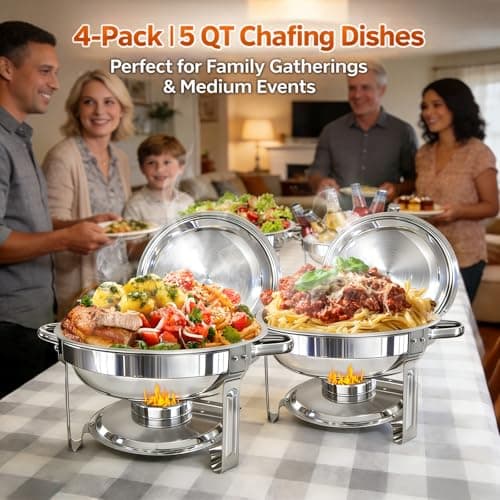 Chafing Dishes for Buffet Set 4 Pack, 5 Qt Chafers and Buffet Warmers Sets for Parties Round Catering Supplies Buffet Display - Thumbnail 2