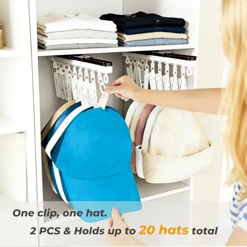 2 Pack No-Drill Wall-Mounted Baseball Hat Organizer, Hat Storage Rack Holds Up to 20 Caps, Hat Holder with 10 Damage-Free Clips & Metal Slide Rails, Modern Hat Rack for Closet, Bedroom & Entryway - Thumbnail 2