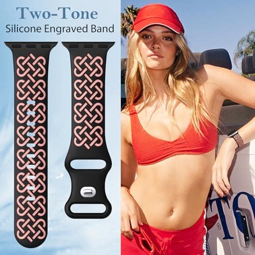 Minyee 2 Pack Engraved Bands Compatible with Apple Watch Band 42/44/45/46/49mm Women, Soft Silicone Two-Tone Celtic Sport Strap for iWatch Series 11 10 9 8 7 6 5 4 SE/Ultra 3 2 1, Black/Pink+Nude - Thumbnail 5
