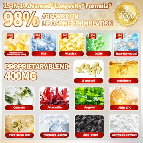 15-in-1 Liposomal NMN Supplement, 2000mg per* Serving*, 120 Day Supply, 99% Pure, NAD+ NMNH Alternative with Nicotinamide Mononucleotide, Resveratrol, TMG, CoQ10, Quercetin & Glutathione, 120 Capsules - Thumbnail 3