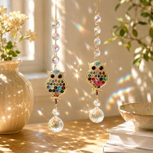 2Pcs Rhinestones Owl Crystal Suncatcher for Windows Hanging, 15.7In Prism Sun Catcher with Chain and Hook,Rainbow Maker for Home Garden Ceiling,Christmas Birthday Wedding Party Owl Gifts - Image 1