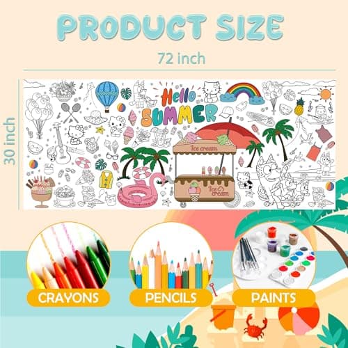 Summer Giant Coloring Poster/Tablecloth - Summer Toys - 30 x 72 Inches Jumbo Paper Coloring Banner - Kids Crafts Activities Gifts Games Ice Cream Party Favors Birthday Decorations - Travel Essential - Thumbnail 2