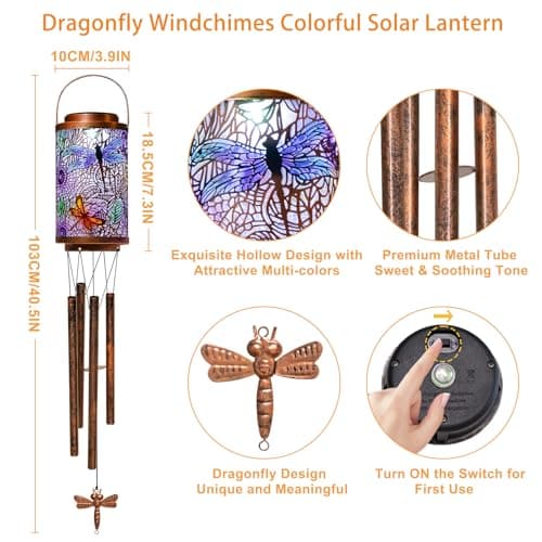 Dragonfly Solar Lights Wind Chimes for Outside, Garden Gifts for Mom Dad Solar Outdoor Lantern Metal Hanging Lights for Garden, Patio, Yard Decor, Mothers Day Birthday Gifts for Women (1Pack) - Thumbnail 5