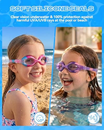 Aegend Swim Goggles for Kids Age 3-8 Anti-Fog Clear Vision Full Protection Goggles Perfect for Toddler Swimming (Pink & Purple-2 Pack) - Thumbnail 3