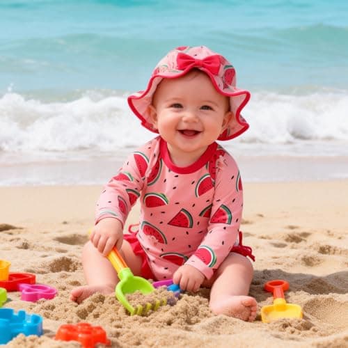 AMAWMW Infant Baby Girl Swimsuit Long Sleeve One-Piece Swimwear with Hat Rash Guard Floral Zipper Bathing Suit Beach Wear - Thumbnail 2