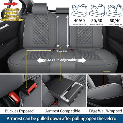Chezope Car Seat Covers Full Set, Grey Leather Seat Covers, Breathable Front and Back Car Seat Protectors, Wear-Resistant Seat Covers Universal Fit for Most Cars SUV Truck (Grey-Diamonds, Full Set) - Thumbnail 4