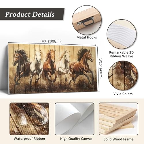 llribbons Horses Canvas Ribbon Wall Art - Brown White Running Horse Pictures Animal Wall Decor Painting Handmade 3D Woven Textured Prints Artwork for Living Room Bedroom Home Office Decor 20" x 40" - Thumbnail 4