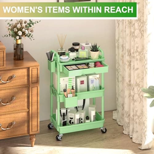 Goovilla 3 Tier Rolling Utility Cart Organizer with Removable Drawer, Stable and Sturdy Green Rolling Storage Carts with 2 Lockable Wheels for Bathroom, Kitchen, Snack, Craft, Makeup, Baby Essentials - Thumbnail 5