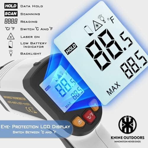 KNINE OUTDOORS Infrared Thermometer Laser Temperature Gun, -58℉ to 1112℉, Single Laser Targeting, Distance to Spot Ratio 12:1, for Cooking, Oven and Meat (White) - Thumbnail 2