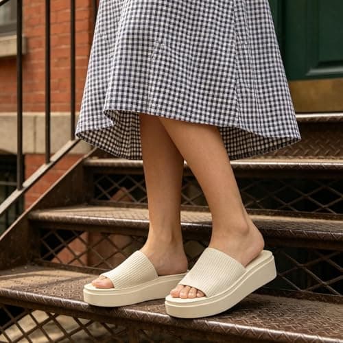 Athlefit Women's Slip On Platform Sandals Comfortable Open Toe Flatform Chunky Beige Sandals Size 10 - Thumbnail 4