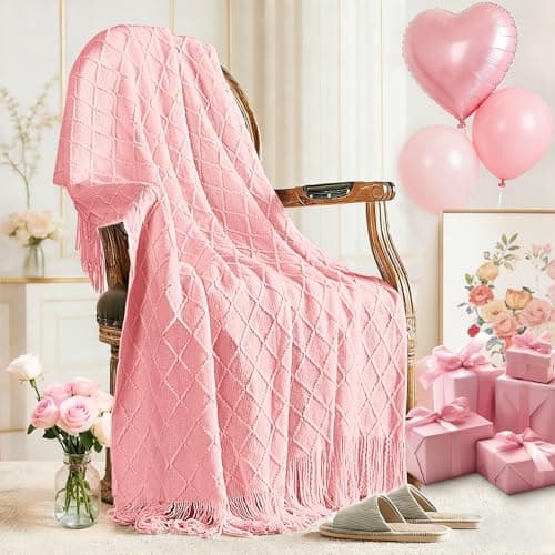 inhand Pink Knitted Throw Blanket for Couch Bed,Mothers Day/Mom Birthday Gifts for Mom from Daughter Son,Romantic Decor for Her Him Girlfriend Wife, Farmhouse Warm Woven for Women,50"x60" - Image 1