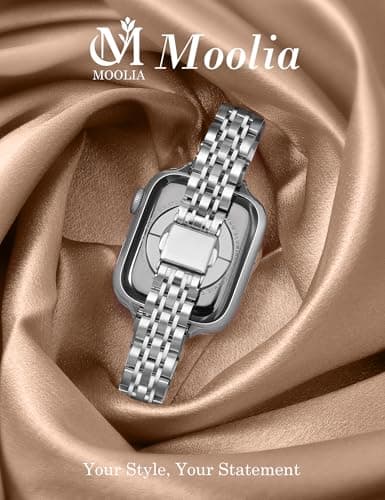 Moolia Slim Metal Band Compatible with Apple Watch Band 46/45/44/42/49mm Elegant Luxury Women Replacement Bracelet for iWatch Series 11 10 9 8 7 6 5 4 3 2 1 SE/Ultra(1/2/3), Silver - Thumbnail 2