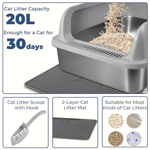 Stainless Steel Cat Litter Box with Lid, High Wall Kitty Litter Box for Small Cats, Metal Kitty Litter Box, Non-Sticky, Anti-Leakage, Easy Cleaning, Include Cat Mat and Scoop, 17.2"x13.2"x7.7" - Thumbnail 5