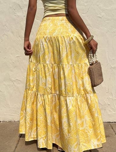 ZAFUL Women’s Summer Boho Maxi Skirts Bohemian Print Smocked High Wasited Flowy Tiered Ruffle Long Beach Skirt Yellow XS - Thumbnail 2