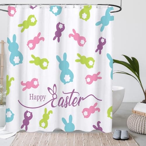 Lofaris Spring Easter Shower Curtain Happy Easter Peeps Curtain for Home Bathroom Decor Colorful Bunny Rabbits Fabric Waterproof Washable Bathtubs Shower Curtains with 12 Hooks 72x72 in - Thumbnail 2