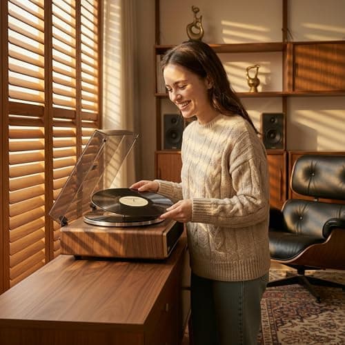 Arkrocket Huygens High Fidelity Bluetooth Record Player with Built-in Speakers Belt Drive Vinyl Turntable with Moving Magnet Cartridge, Bluetooth Input Output and Aux-in (Huygens Walnut) - Thumbnail 5