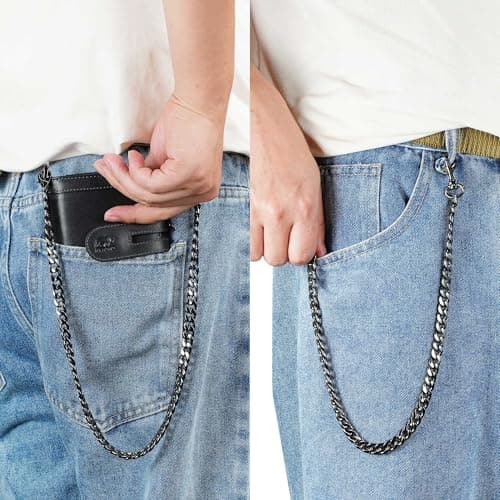 Genuine Leather Chain Wallets for Men: RFID Blocking Mens Wallet with Chain Purse Bifold Zipper Coin Pocket with Anti-Theft Chain, Gift for Father Husband At Birthday - Thumbnail 5