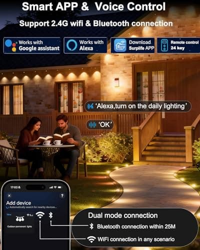 Seyxicnor 100ft Permanent Outdoor Smart Lights Pro with 60 RGBCW+IC LEDs & WiFi/Alexa Control, IP68 Waterproof Christmas Lights Outdoor Year-Round Lighting 108 Scene Modes for Daily, Halloween Décor - Thumbnail 5