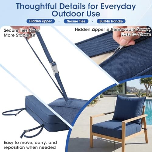 Domvaranique Patio Furniture Cushion Set, 24 x 24 x 6 Extra Thick Deep Seat Outdoor Chair Cushions for Patio Furniture, Olefin Replacement Set, Water Resistant, Removable Cover, Ties and Handle, Blue - Thumbnail 6