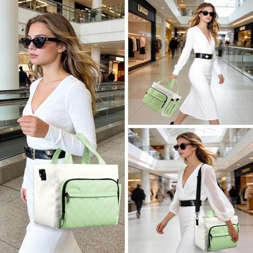 Women's Insulated Lunch Box Bag - Stylish Tote Design, Leakproof Waterproof Lunch Cooler, Large Lunch Tote Bags for Work Commute & Dates (White-Green) - Thumbnail 5
