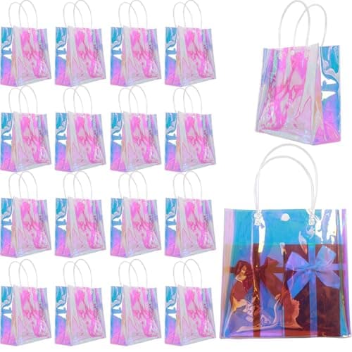 Naisidas 18Pcs Holographic Small Gift Bags 7.9x7.9x3.1 Clear Reusable Iridescent Birthday Gift Bag for Women Girls Bachelorette Party Wedding Christmas with Handle - Image 1