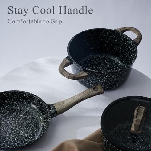 Pots and Pans Set Non Stick Non-Toxic 22 Pcs Ceramic Cookware Sets Nonstick Kitchen Pot&Pan With Lid Black Granite Induction Compatible with Glass Lids Crepe Frying Pan PFOA/PFOS-Free - Thumbnail 3