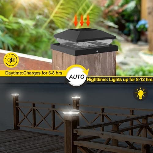 T-SUN Solar Post Cap Lights Outdoor 6 Pack, 2 Modes LED Fence Post Solar Lights Fit for 4x4 5x5 6x6 Vinyl/Wooden Posts, Waterproof Deck Post Lights Solar Powered for Garden Patio Gate Porch - Thumbnail 4