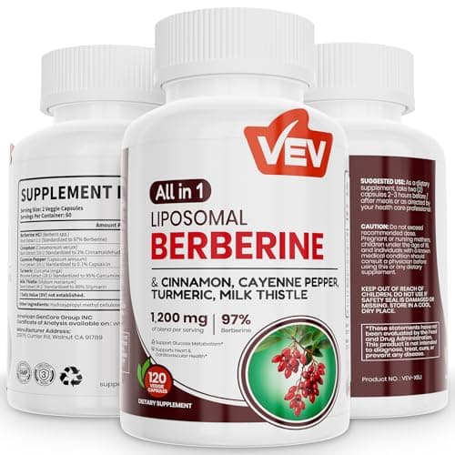 VEV Berberine Supplement with Ceylon Cinnamon, Cayenne Pepper, Turmeric, Milk Thistle, Vegan & Non-GMO – 120 Capsules