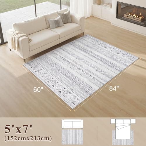 cotiled 5x7 Area Rug Living Room: Washable Boho Rugs with Non Slip Backing Large Soft Indoor Stain Resistant Carpet for Bedroom Farmhouse Dining Room Lightweight Home Decor Dark Grey - Thumbnail 2