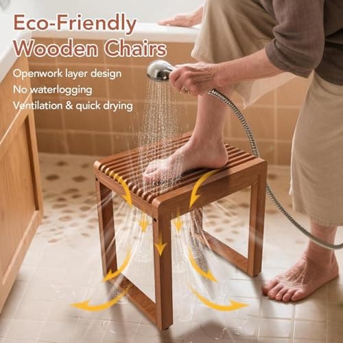 RUIERS Compact Teak Shower Bench 15.7” – Heavy Duty 500 lbs, Waterproof Bath Stool for Small Walk-in Shower, Elderly & Disabled Safe Shower Seat - Thumbnail 6