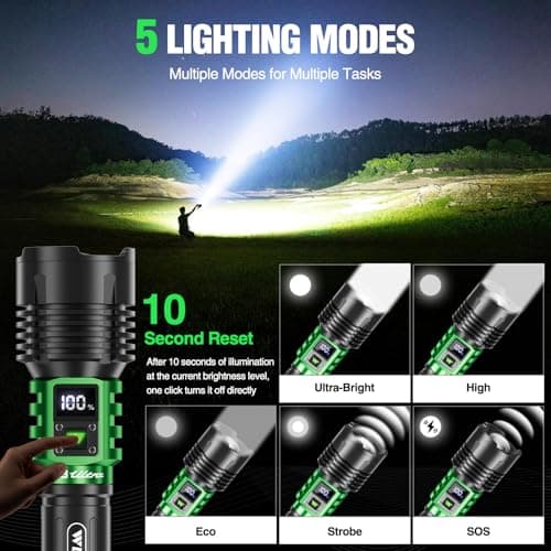 WdtPro Rechargeable LED Flashlights High Lumens, Super Bright 90000LM Rechargeable Flashlight with LCD Display, 5 Modes & Waterproof Powerful 10000mAh 30H Flashlight for Camping Emergency Green - Thumbnail 5