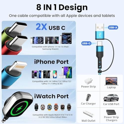 Jogrytece ﻿Cruise Vacation Camping Essentials,4 in 2 Multi Charging Cable for Garmin Watch Charger,USB A/C Universal Charging Cords for Garmin Watch/iPhone17-5/Galaxy/Tablets/PS,Home,Office,Travel - Thumbnail 4