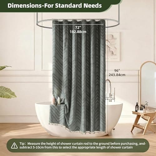 Siiluminisoy Extra Long Grey Boho Shower Curtain with Tassel, Woven Fabric 96 in Shower Curtain, Tufted Chevron Striped, 72 x 96, Modern Chic Textured Minimalist Bathroom Shower - Thumbnail 5