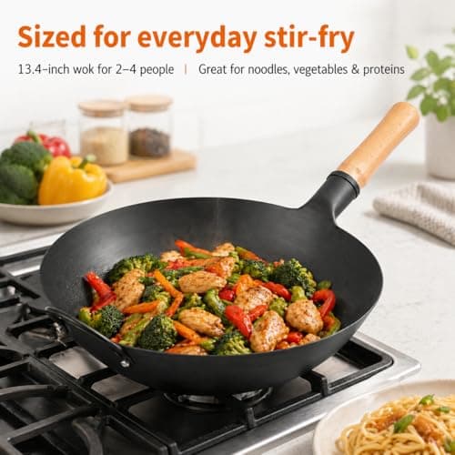 WANGYUANJI 13.4 Inch Round Bottom Carbon Steel Wok, Nitrided Iron Chinese Stir Fry Pan for Gas Wok Burner, Wok Ring Needed for Flat Gas Grates, Wooden Handle - Thumbnail 4