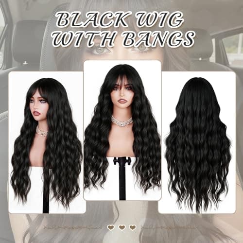 Potoki Long Wavy Black Wig With Bangs Synthetic Fiber Curly Wigs For Women 26 Inch Thick Soft Skin-Friendly Natural Looking Daily Use Heat Resistant Glueless Wig (Black) - Thumbnail 5