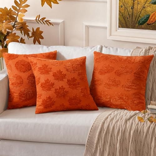 decorUhome Decorative Two Rust Pumpkins Thanksgiving Throw Pillow Covers 20x20 Set of 2, Soft Chenille Jacquard Farmhouse Textured Pillow Covers for Couch Bed Sofa Autumn Harvest Halloween Holiday - Thumbnail 4