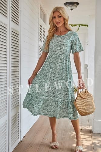STYLEWORD Women's Summer 2026 Casual Short Sleeve Tiered Flowy Maxi Spring Dress Long Midi Beach Sundress Vacation Hawaiian Outfits(Floral18,S) - Thumbnail 6