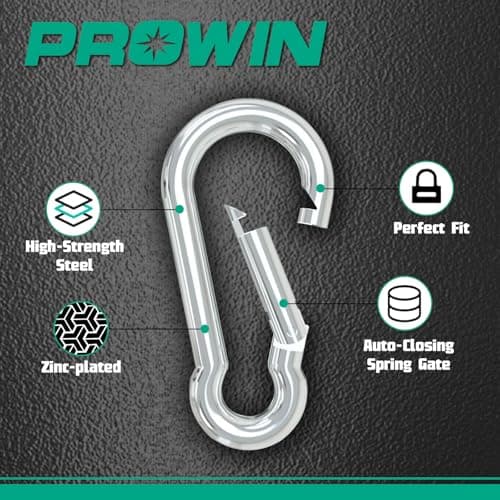 Prowin 100PCS 3.15in Galvanized M8 Carabiner Clips, Heavy Duty Spring Snap Hooks, 882LBS Capacity, Steel Quick Link for Camping, Hiking, Swing, Hammock, Outdoor Activities - Thumbnail 3