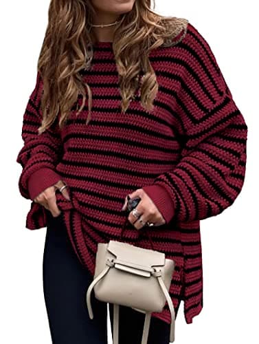 KIRUNDO Women's 2026 Fall Winter Oversized Long Sleeve Striped Christmas Sweater Casual Crewneck Side Split Pullover Knit Tops(Wine Red, Large) - Image 1